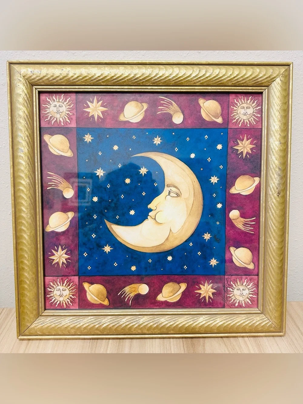 Rare Vintage 90s Mary Beth Zeitz Celestial Moon & Stars Framed Art 14.5 X 14.5